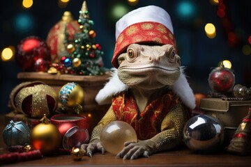 lizard surrounded by colorful christmas ornaments 