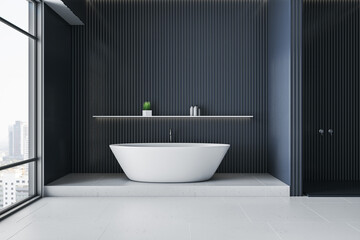 Naklejka na ściany i meble Clean blue blank bathroom interior with bathtub, furniture and other items. 3D Rendering.