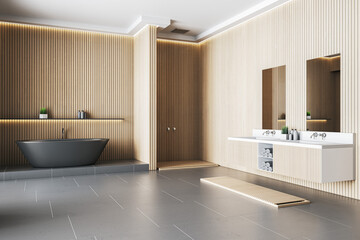 Contemporary brown blank bathroom interior with bathtub, furniture and other items. 3D Rendering.