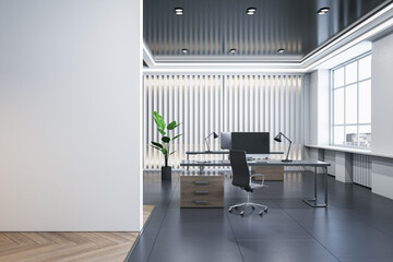Modern wooden and concrete coworking office interior with empty mock up place on wall, window and city view, furniture and equipment. 3D Rendering.