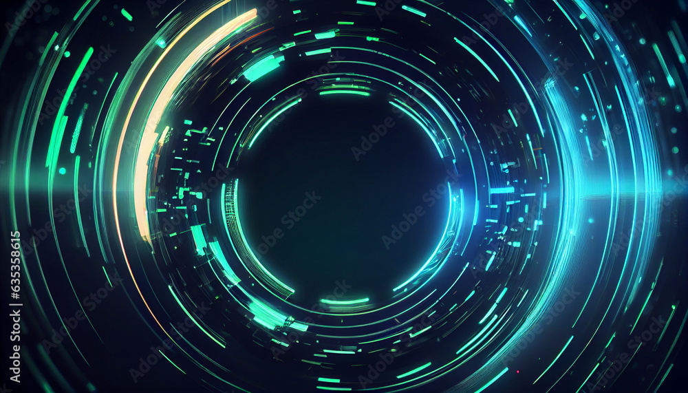 Poster abstract futuristic background with green blue glowing neon moving high speed round lines and bokeh 