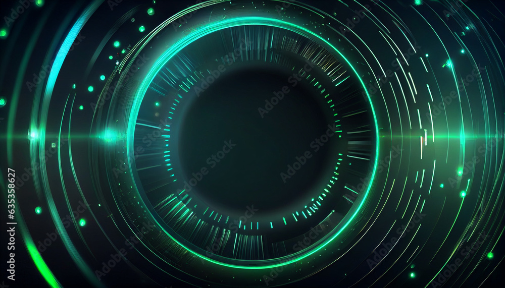 Poster abstract futuristic background with green blue glowing neon moving high speed round lines and bokeh 