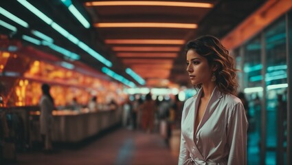 A woman standing in a train station - obrazy, fototapety, plakaty