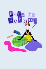 Vertical creative composite photo collage of positive schoolgirl jumping glad go back to school isolated on white color background