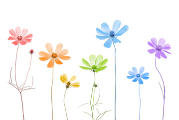 Flowers toned in the color of the rainbow on a white background. Creative layout.