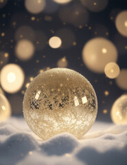 Christmas decorations in the snow with a clear balls bubbles and snowflake
