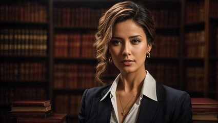 A woman standing in front of a bookshelf