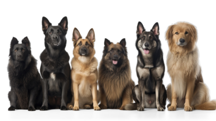 Different types of fluffy dogs sit in a row, a transparent background is isolated. Header banner mockup with copy space. AI generated.