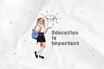 Photo banner collage little cute schoolgirl uniform wear blue backpack hold hand education is...