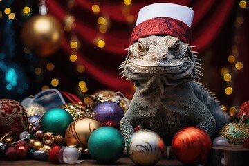 lizard surrounded by colorful christmas ornaments 