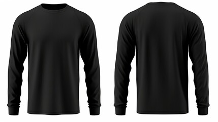 Black long sleeve t-shirt front and back view isolated on white background