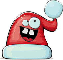 Vector cartoon Santa Claus red hat with smile face isolated on white background. Childrens Merry Christmas greeting card with funny monster Santa hat. Santa red hat character isolated