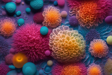 Fototapeta na wymiar Macrocosm, macroscopic world viruses and microorganisms under the microscope similar to flowers.
