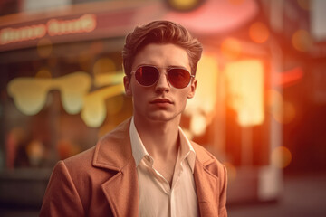 Fototapeta premium A man dressed in retro clothes on a background of orange light. The concept of returning to the past, fashion of yesteryear. Generative Ai, Ai.