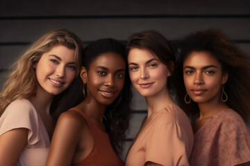 Fototapeta premium A group of smiling females stands together, representing diversity in body types and skin tones. Generative Ai, Ai.