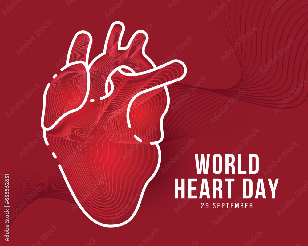 Poster world heart day white line human heart sign with abstract red lines blend texture on red background 
