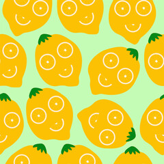 Lemon character seamless pattern - Fruit background. Vector illustration.