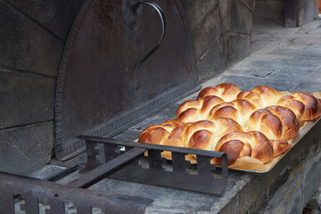 Freshly baked rich buns cooked in an old Carpathian oven.