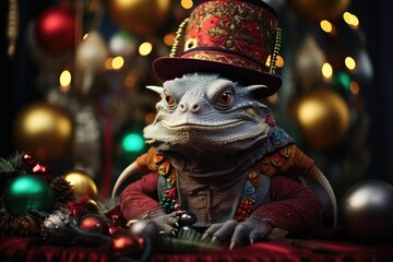 lizard surrounded by colorful christmas ornaments 
