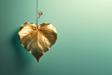 Gold-colour heart shaped leaf on green background
