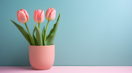 Tulip flowers in a clay pot, minimalism, pastel background
