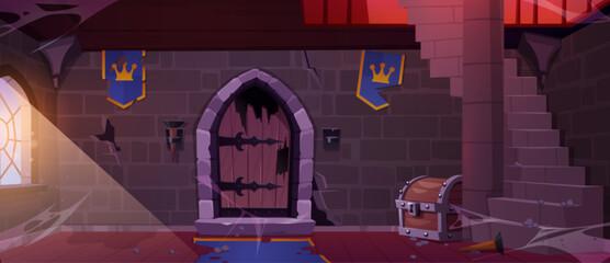 Fototapeta premium Abandoned dungeon in medieval castle. Vector cartoon illustration of room with torn flags, damaged wooden door, dust and cobweb on stone walls, treasure chest under old staircase, sunlight in window