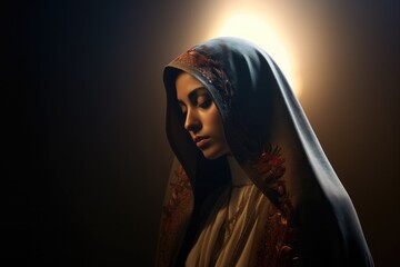 Portrait of Mother Mary in a blue veil over dark background