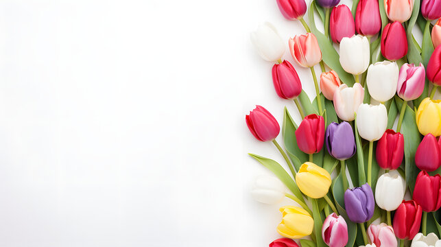 Vibrant flower background with a variety of tulips on white background