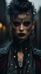 A woman with edgy black makeup and facial piercings