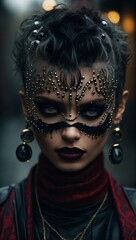 A woman wearing black makeup and a face mask