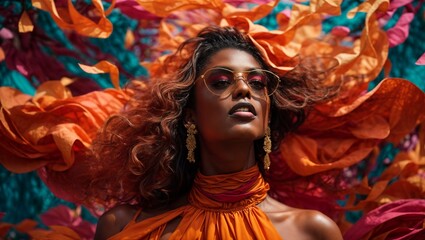 A stylish woman in an orange dress and sunglasses
