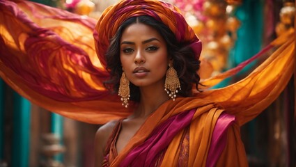 A woman in a vibrant dress with a stylish headscarf