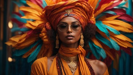 A woman with a vibrant headdress and stylish glasses