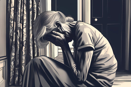 A depress old woman on the floor, looking forlorn, feeling anguish, alone, loss and dejected as she cries unconsolably into her hands. Concept art on depression, grieve, hopelessness or loneliness.