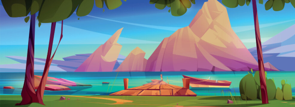 Mountain lake with dock and boat cartoon vector background. Summer nature scenery with water, tree and beautiful sky. Outdoor panorama with river for location on coast. Calm travel backdrop design
