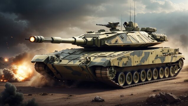 "Battle-Ready Tank: Depict a formidable military tank with advanced technology, poised for action."