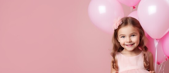 Fototapeta na wymiar Happy birthday party concept with a cute girl in a princess dress holding a balloon on a pink background with a banner