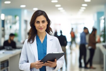 Portrait of young woman doctor with white coat standing in hospital