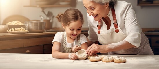 Senior Caucasian woman and young girl bake cookies together celebrating National Biscuit Day - Powered by Adobe
