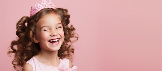 Obraz na płótnie Canvas Little girl in pink princess dress posing on pink background Happy Birthday concept Copy space