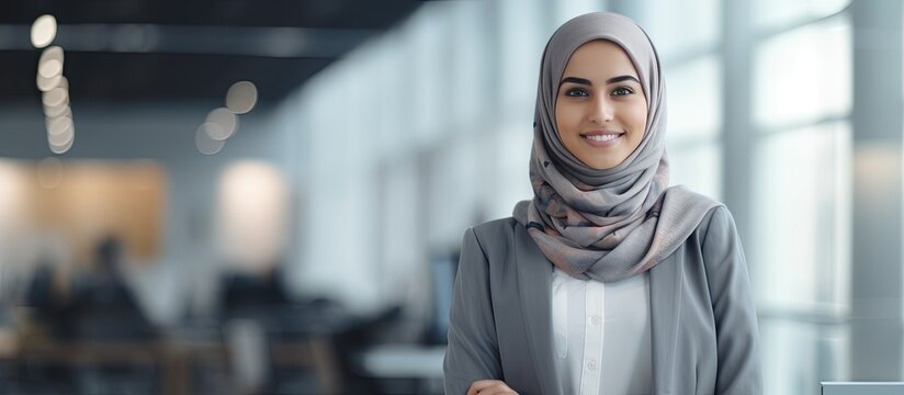 Confident young Muslim woman in modern office wearing a headscarf smiling at the camera waist up