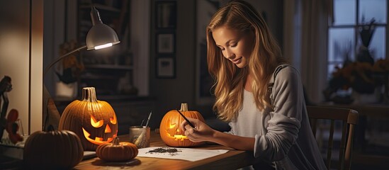 White woman at home creating a Halloween pumpkin tutorial with her camera for social media empty area