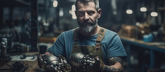Senior craftsman inspecting hand prosthetics in workshop copy space portrait
