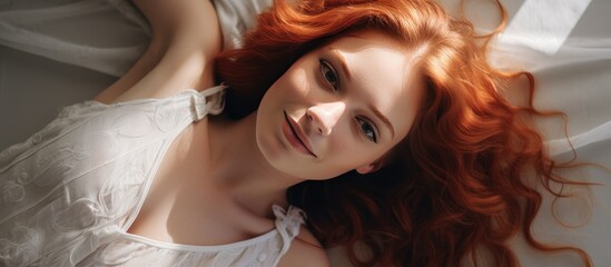 A young woman with red hair and a smile lies on a studio floor with a white background