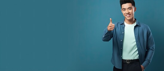 Chinese teen guy advertising and approving something standing on a blue background pointing finger and giving thumbs up