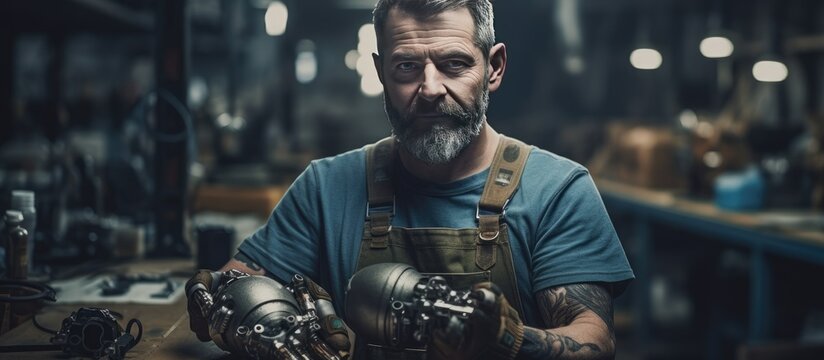 Senior craftsman inspecting hand prosthetics in workshop copy space portrait