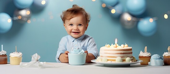 Happy 1 year old boy holding a birthday cake celebrating first birthday