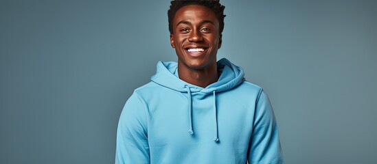 Fototapeta premium Dark skinned American man friendly in blue sweatshirt studio background with copy space