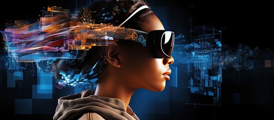 Metaverse concept depicted with black woman wearing VR glasses data blocks and empty white background