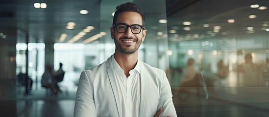 Young Arabian man in office confident wearing glasses smiling at camera